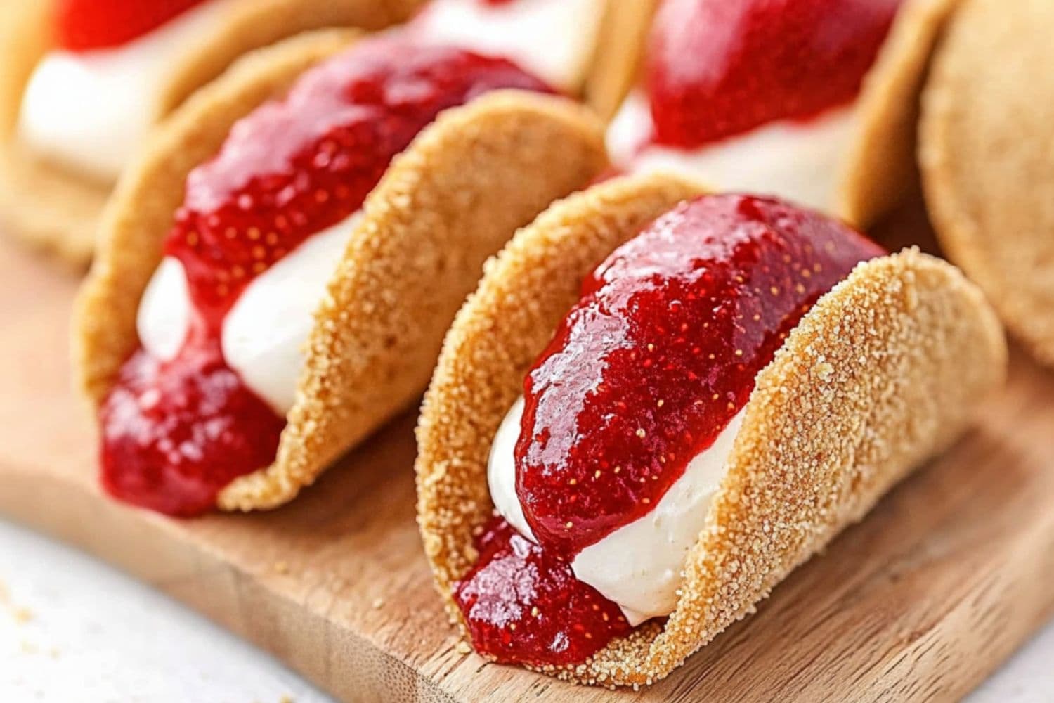 Strawberry cheesecake tacos arranged in a wooden board.