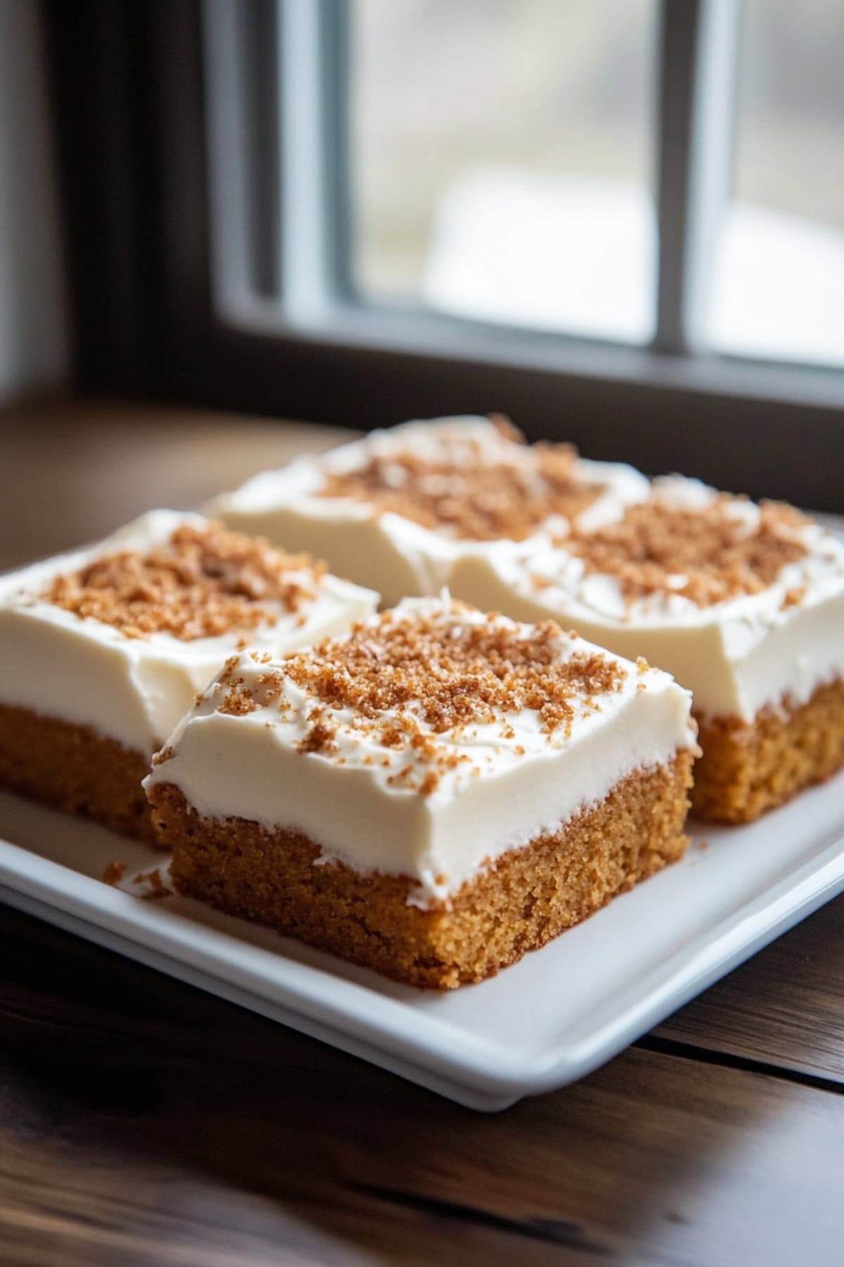 Slice of Sweet Potato Sheet Cake with Cream Cheese Frosting Recipe on a square plate