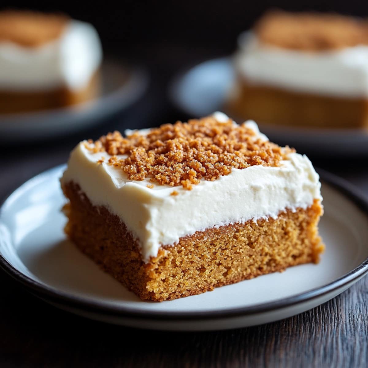 Sweet Potato Sheet Cake with Cream Cheese Frosting on a plate, side view