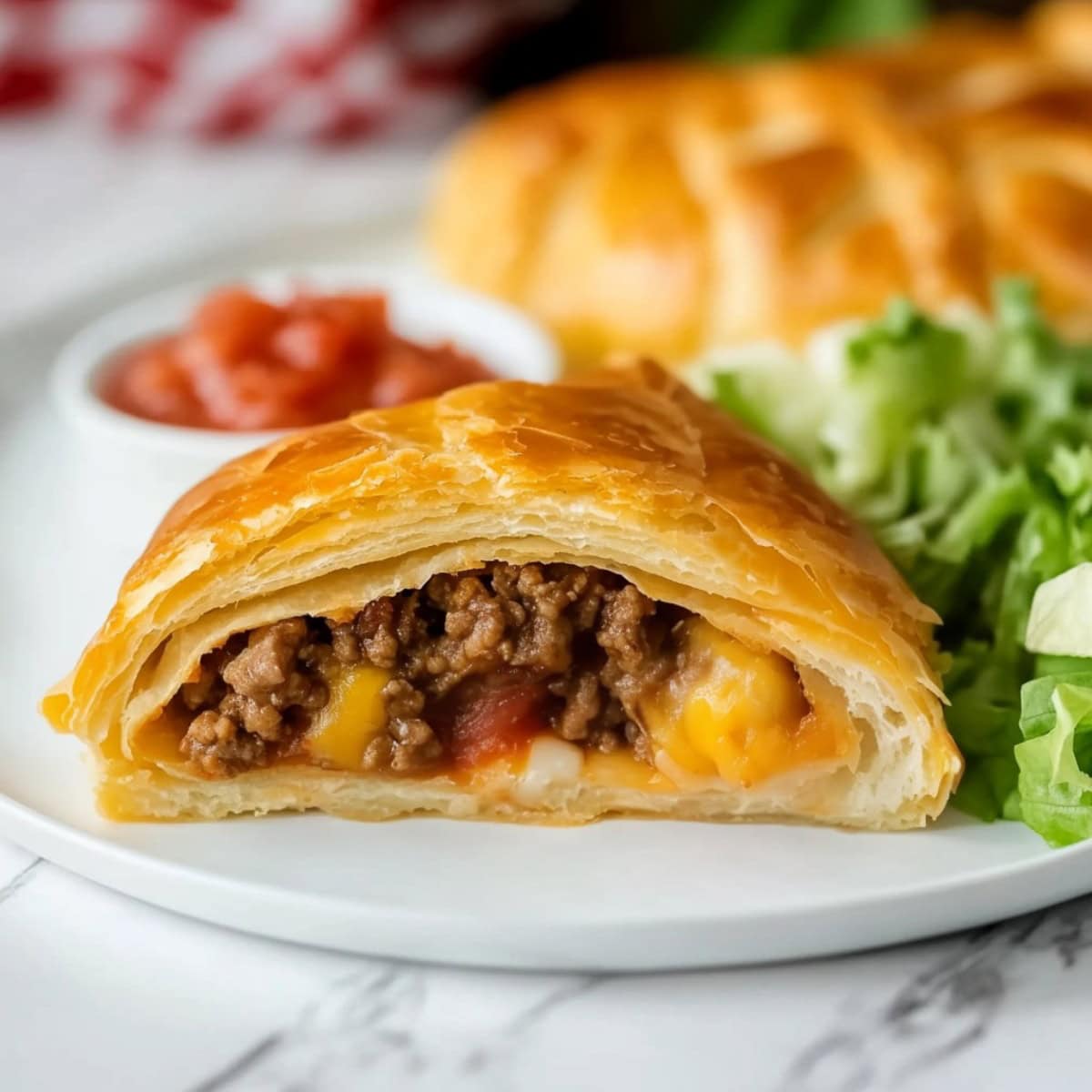 A piece of taco ring in a crescent roll pastry revealing its ground beef and cheese filling in a plate.