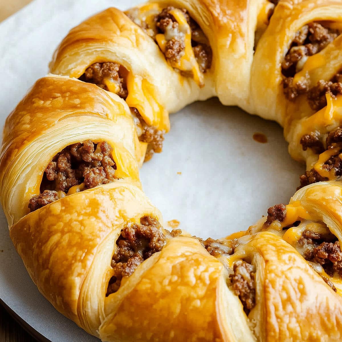 A golden, crescent roll taco ring filled with seasoned ground beef and melted cheese.