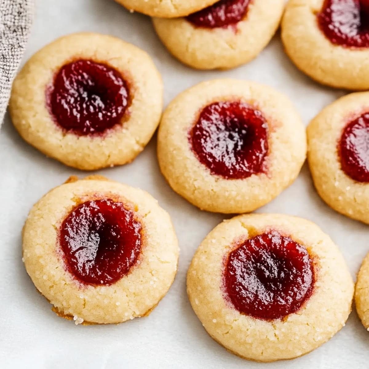 A close-up of golden thumbprint cookies filled with vibrant red jam.