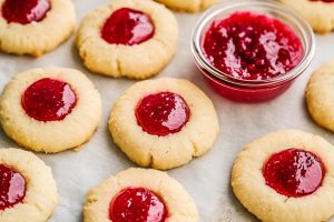 Classic thumbprint cookies dusted with powdered sugar, filled with watermelon jam.