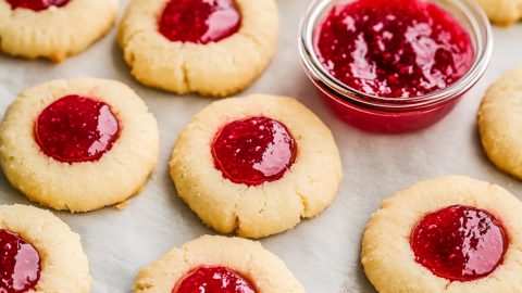 Classic thumbprint cookies dusted with powdered sugar, filled with watermelon jam.