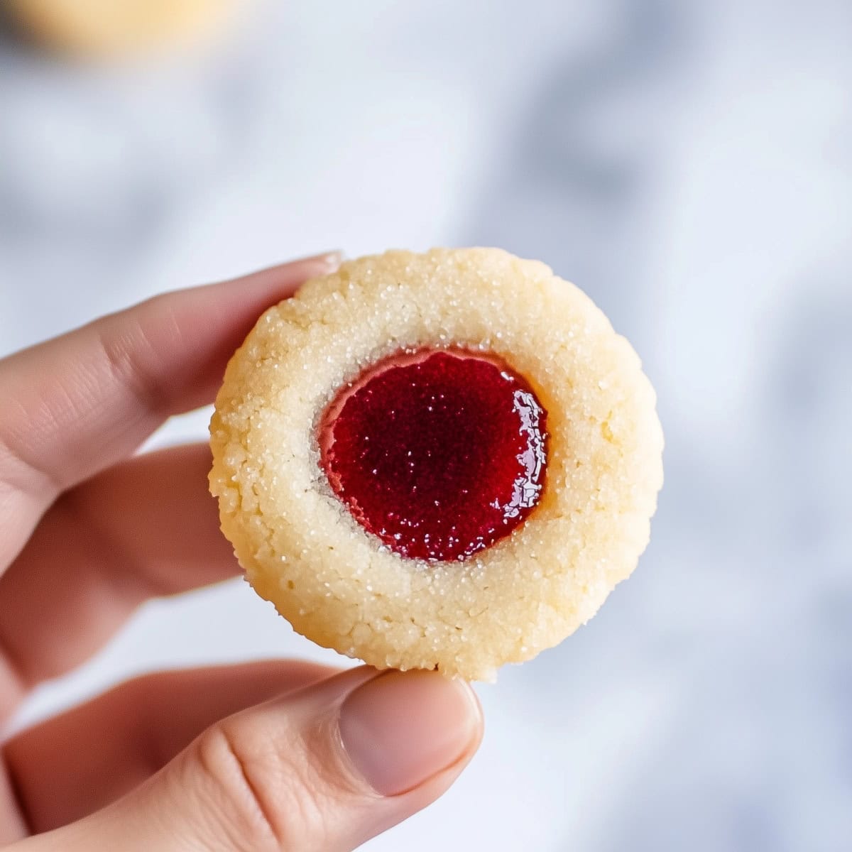 A hand holding a thumbprint cookie.