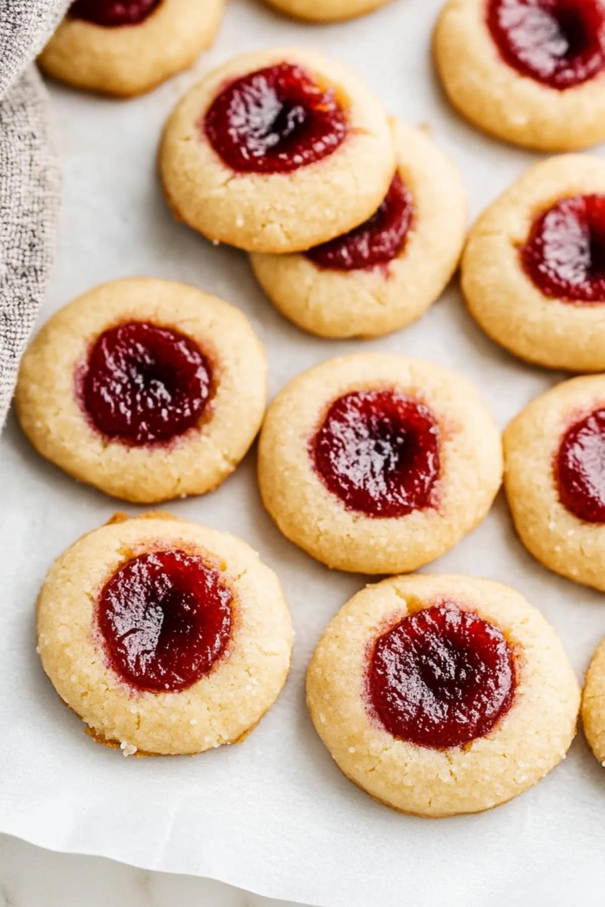 Freshly baked thumbprint cookies with delicate indentations, filled with raspberry jam.