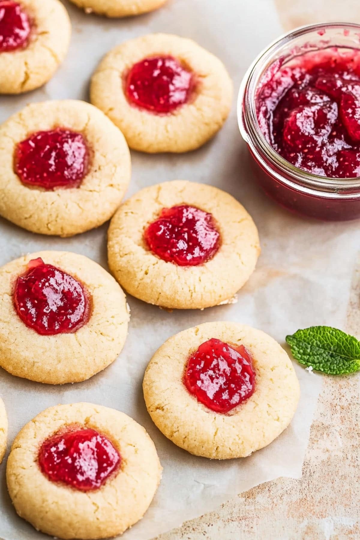 Homemade thumbprint cookies with raspberry jam.