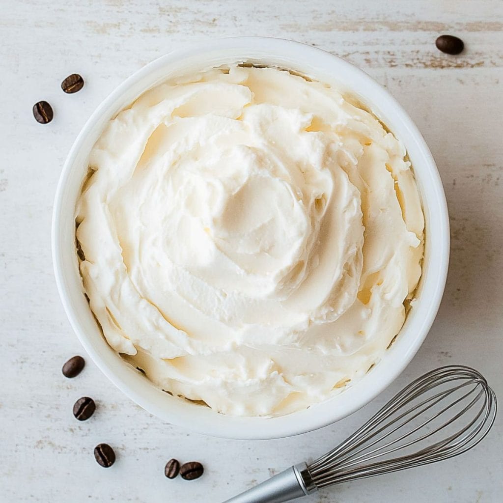 Mascarpone and heavy cream in a large bowl, top view