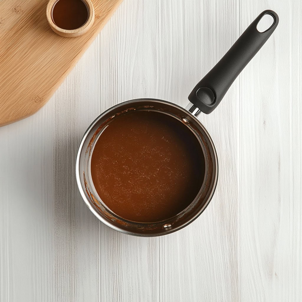 Top view of toffee sauce in a saucepan