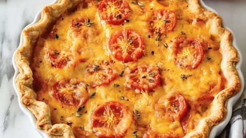 A homemade tomato pie with mouthwatering melted cheese served in a pie dish.