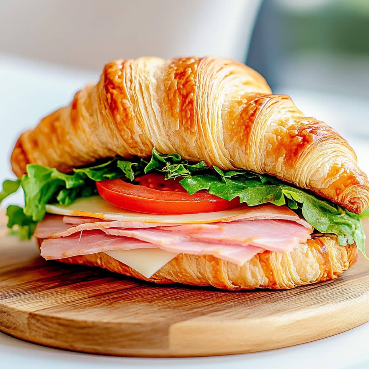 Turkey croissant sandwich sitting on a wooden board with tomato, turkey, cheese and lettuce filling. 