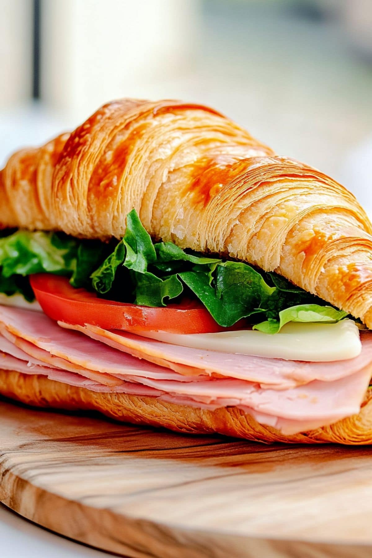 Croissant sandwich with turkey, tomato, cheese and lettuce filling. 