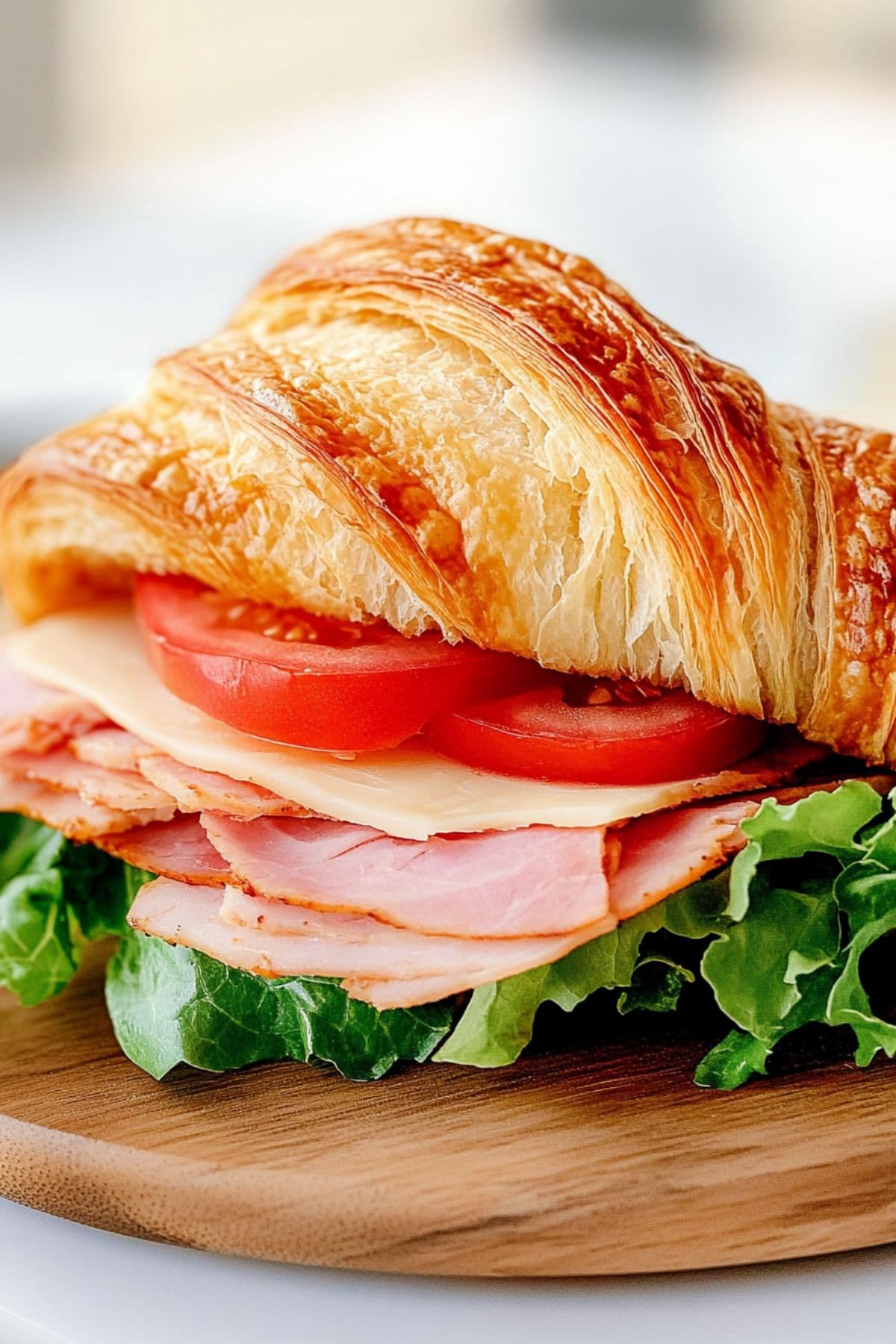 Croissant with turkey meat, tomato, cheese and lettuce filling.