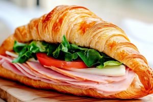 Turkey croissant sandwich sitting on a wooden board.