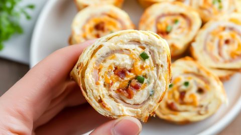Hand holding a piece of sliced turkey pinwheels.