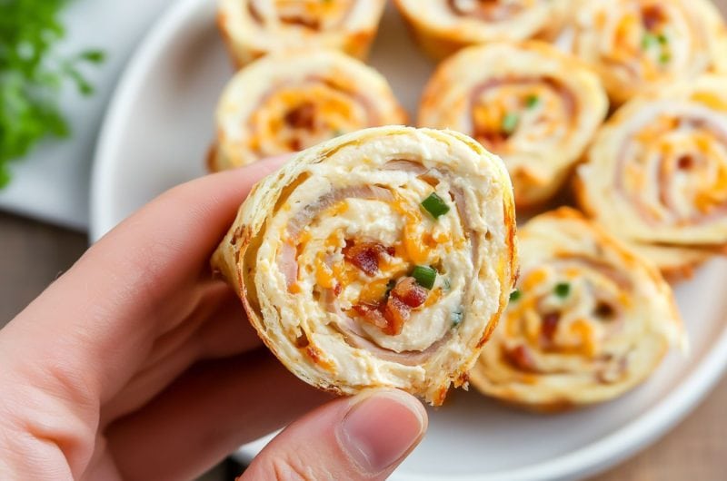 Hand holding a piece of sliced turkey pinwheels.