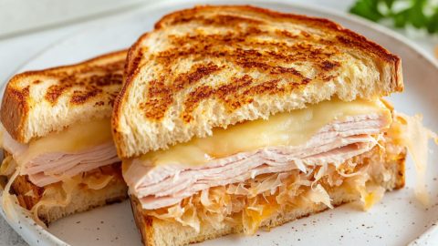 Sandwich sliced in half with melted cheese, sliced turkey and sauerkraut filling served on a white plate.