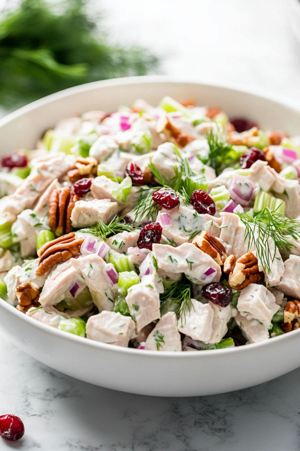 Turkey salad made with diced turkey, celery, red onion, pecans, cranberries, and dill in a white bowl.