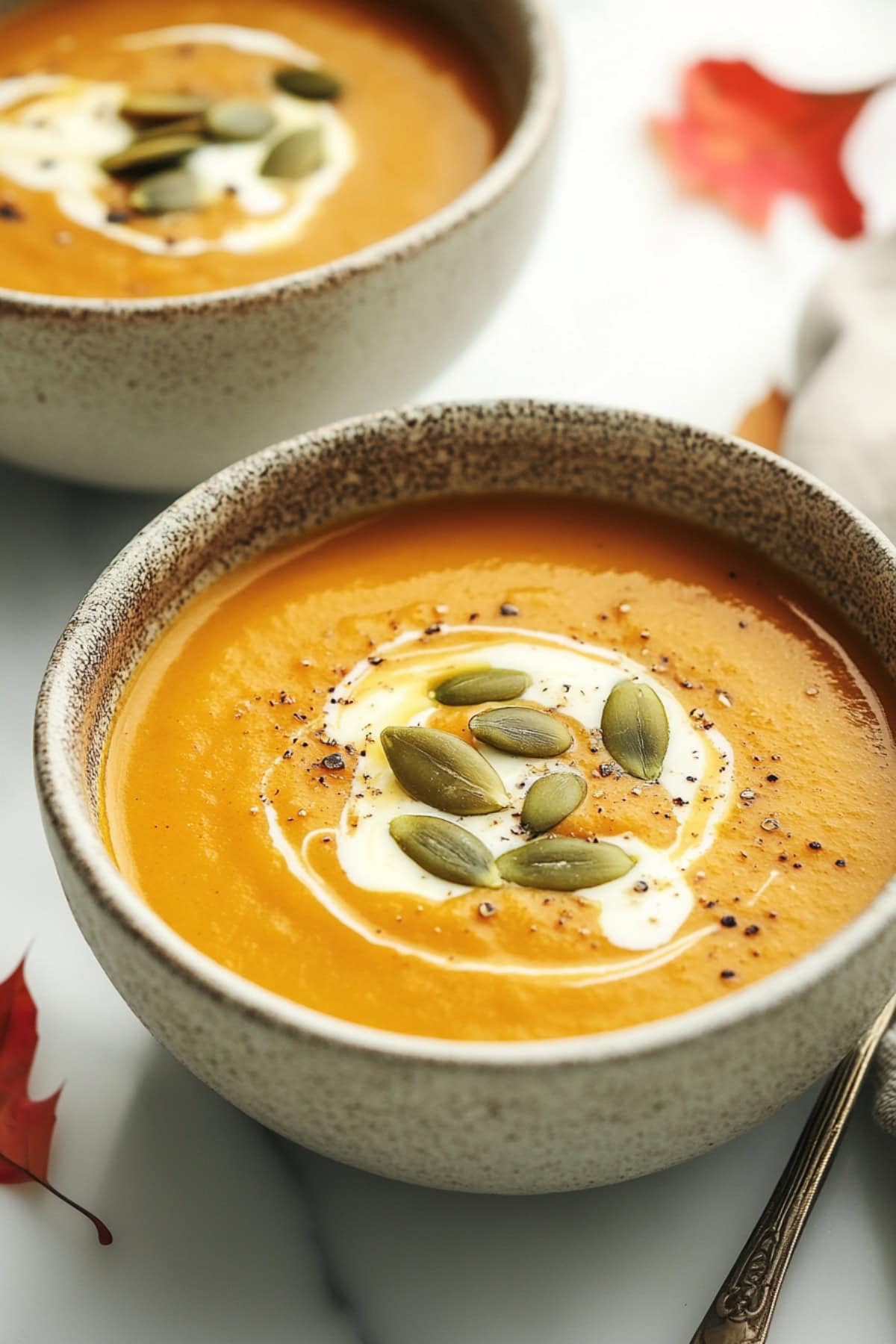 Two servings of copycat Panera autumn squash soup in bowls