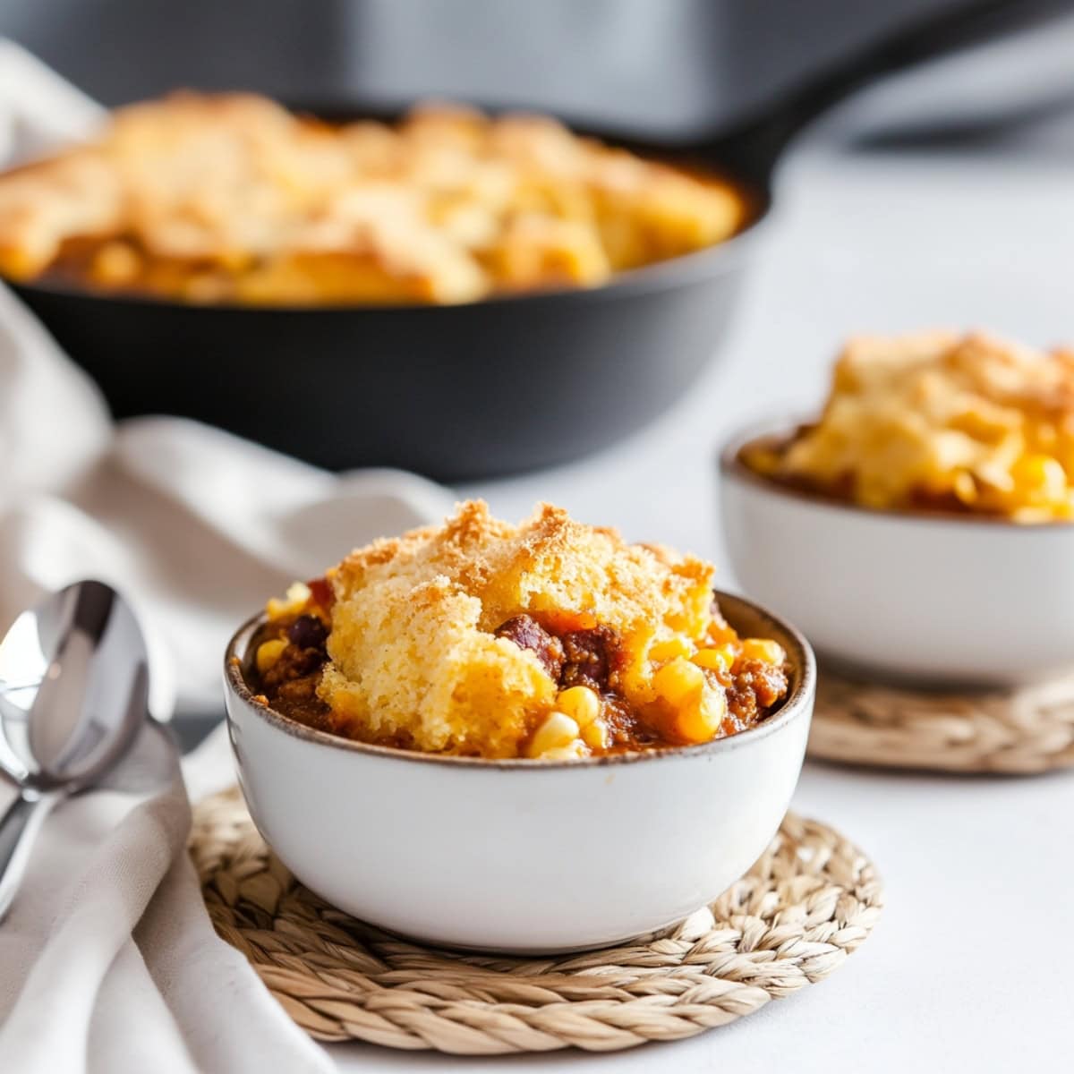 Two bowls of Chili Cornbread Casserole