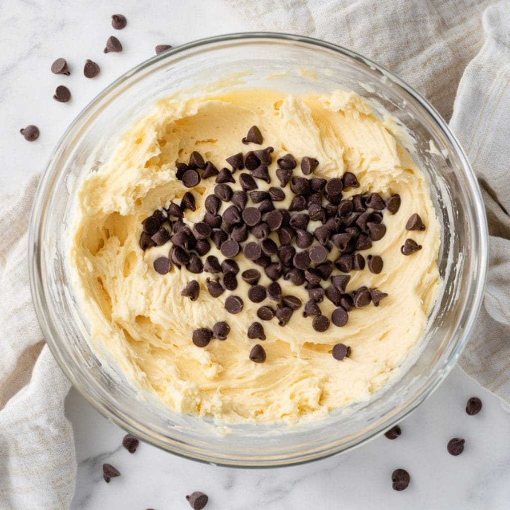 Vanilla Cake Batter with Chocolate Chips in a glass bowl, top view