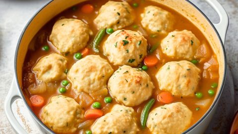 Vegetable stew with floating flour dumplings in a tomato soup cooked in a white pot.