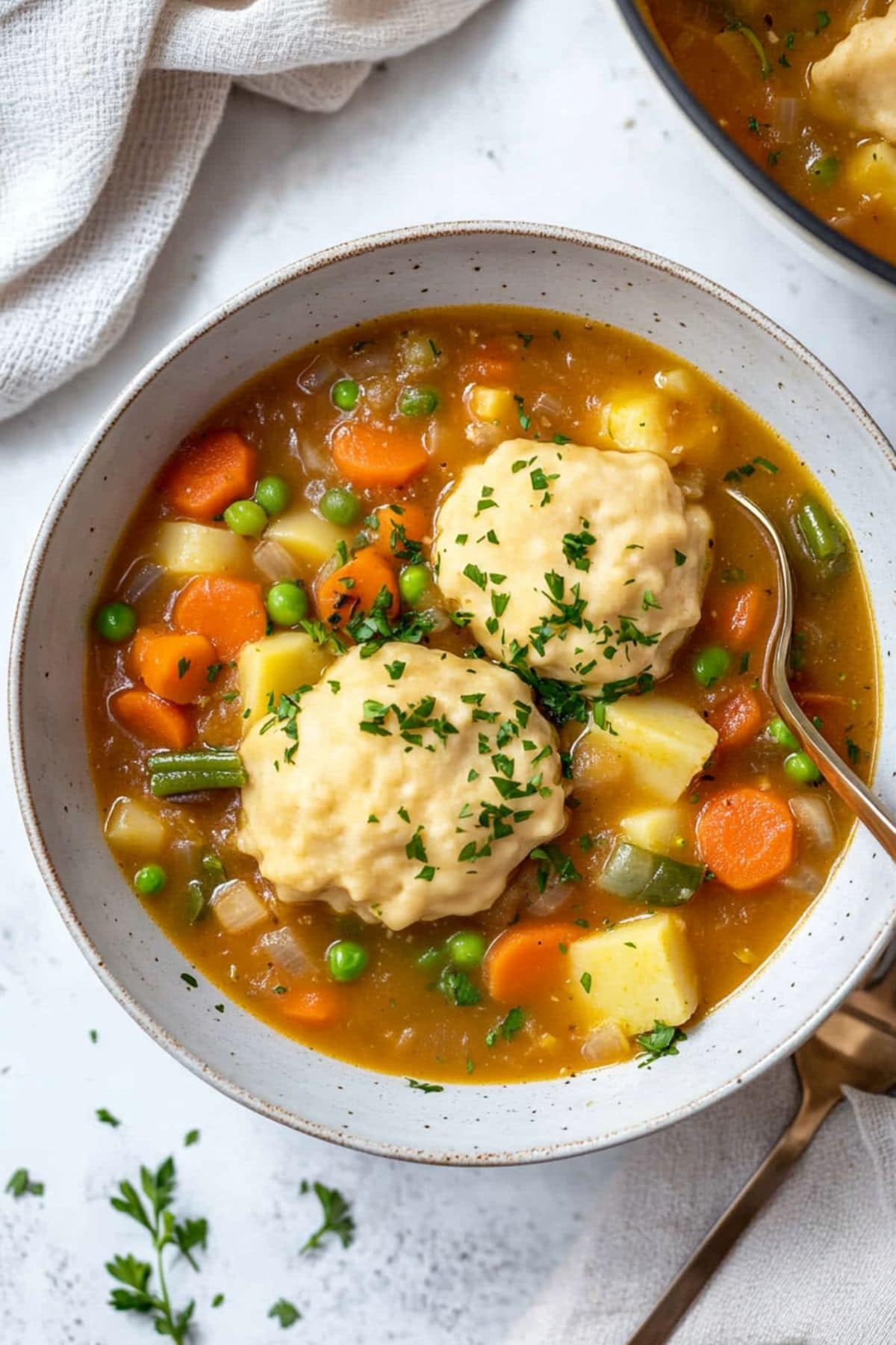 Vegetable stew with flour dumplings served in a white bowl.