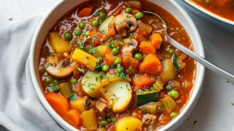 Vegetable stew served in a white bow with spoon on the side.