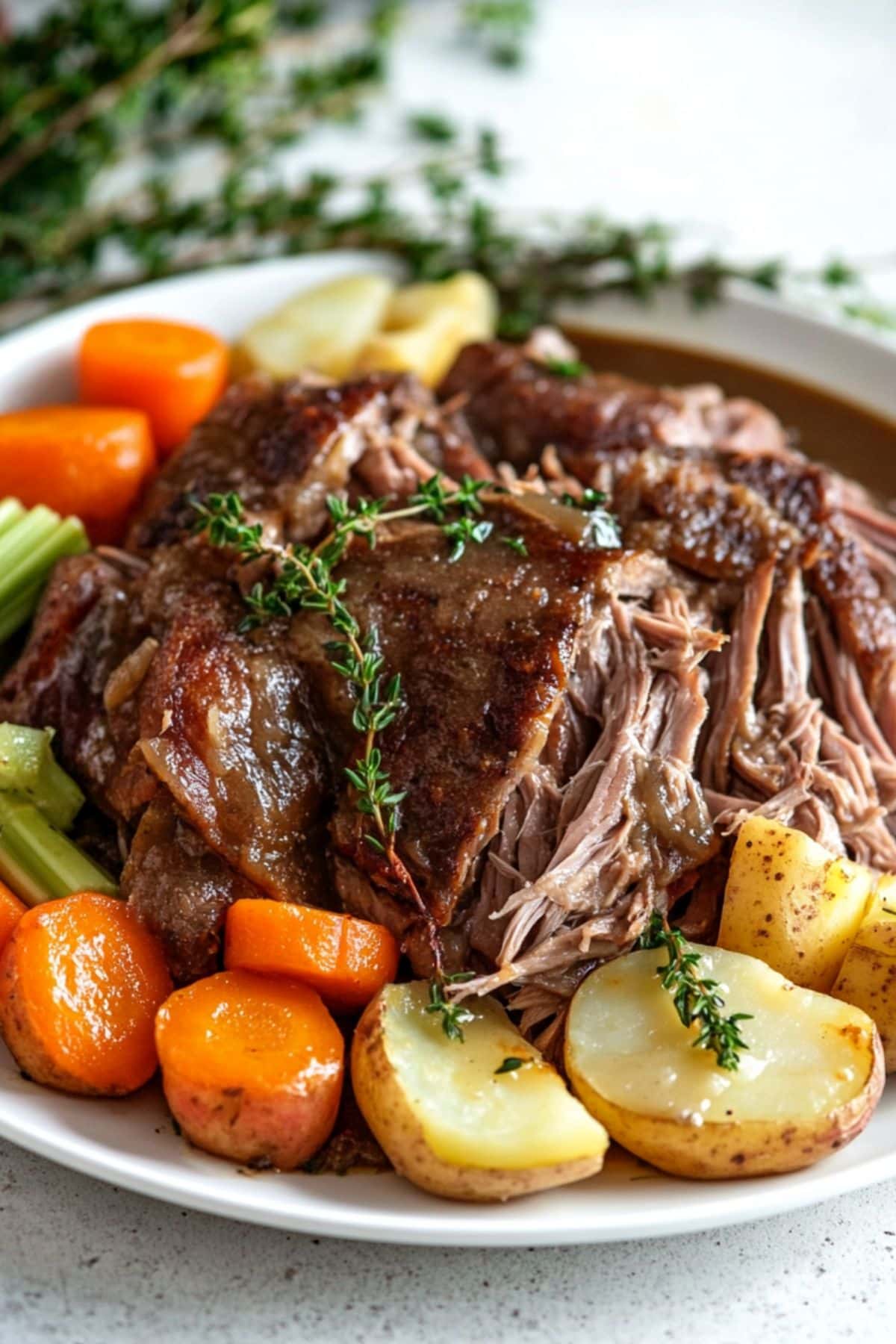 Shredded Yankee roast pot served in a white plate with potatoes, celery and carrots.