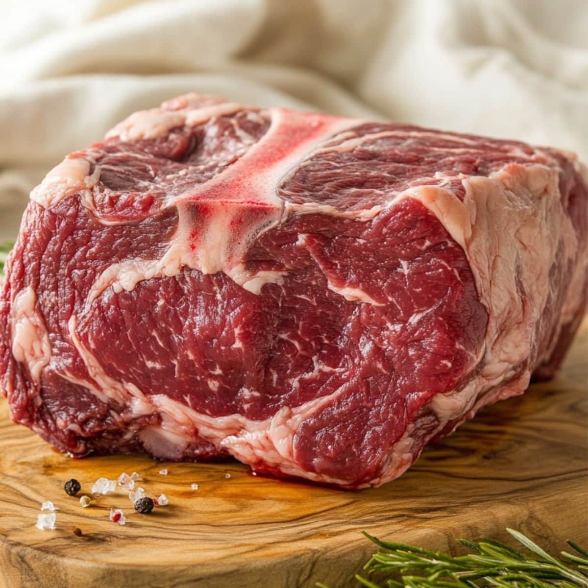 Raw chuck roast on a wooden board.