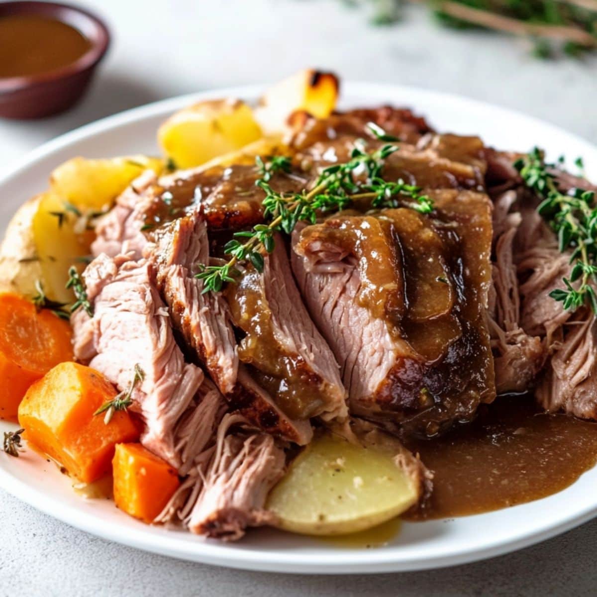 Sliced chuck roast with potatoes, carrots and sauce served on a white plate.