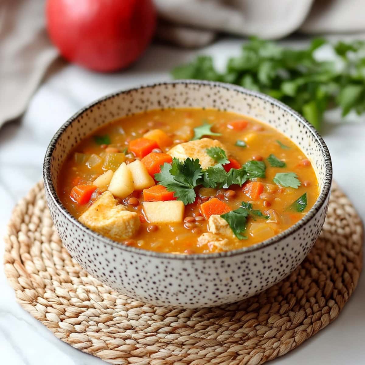 Golden-yellow mulligatawny soup in a white bowl, garnished with chopped cilantro.