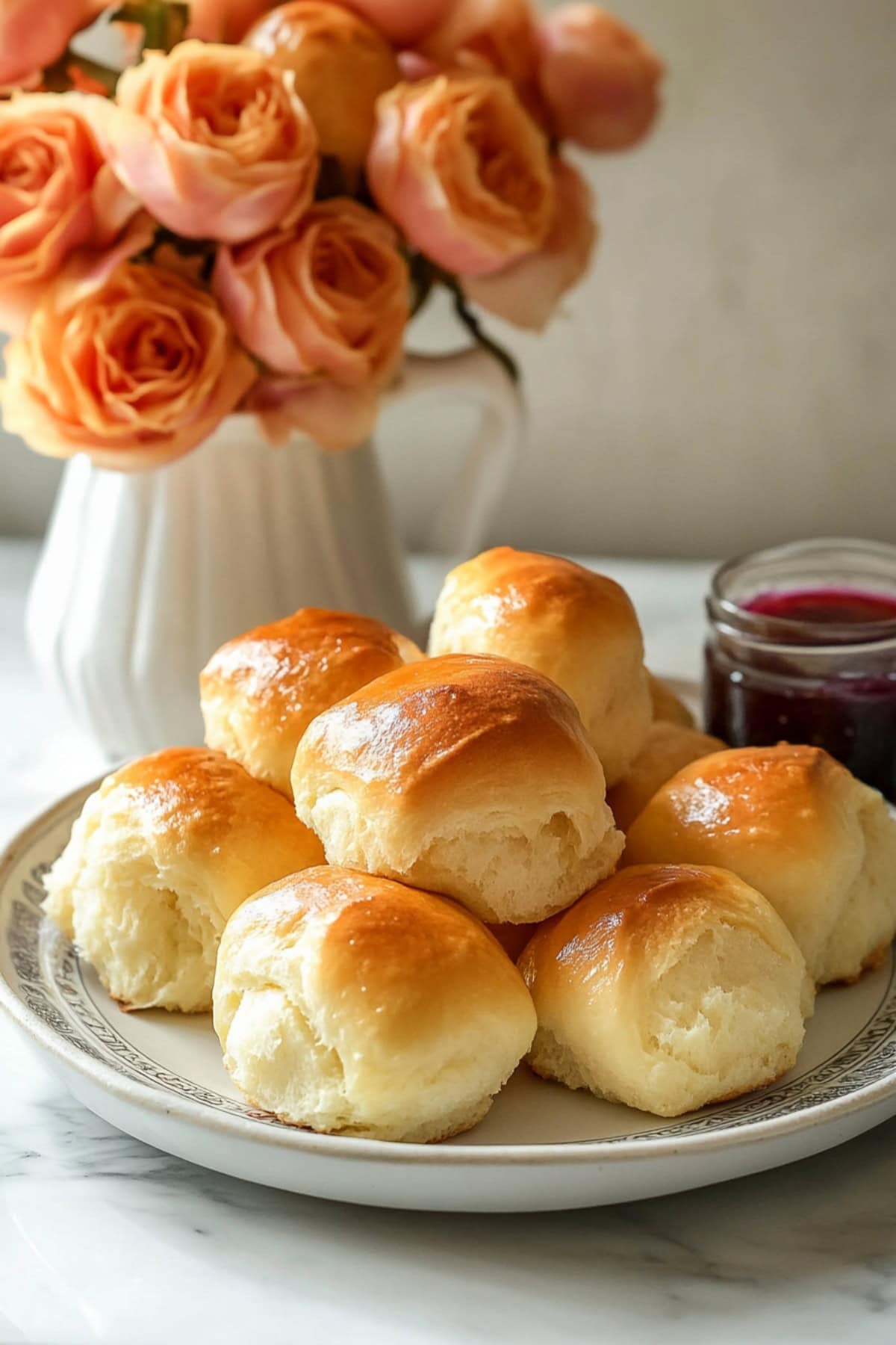 Potato rolls with perfectly browned, buttery tops sitting in a white plate.