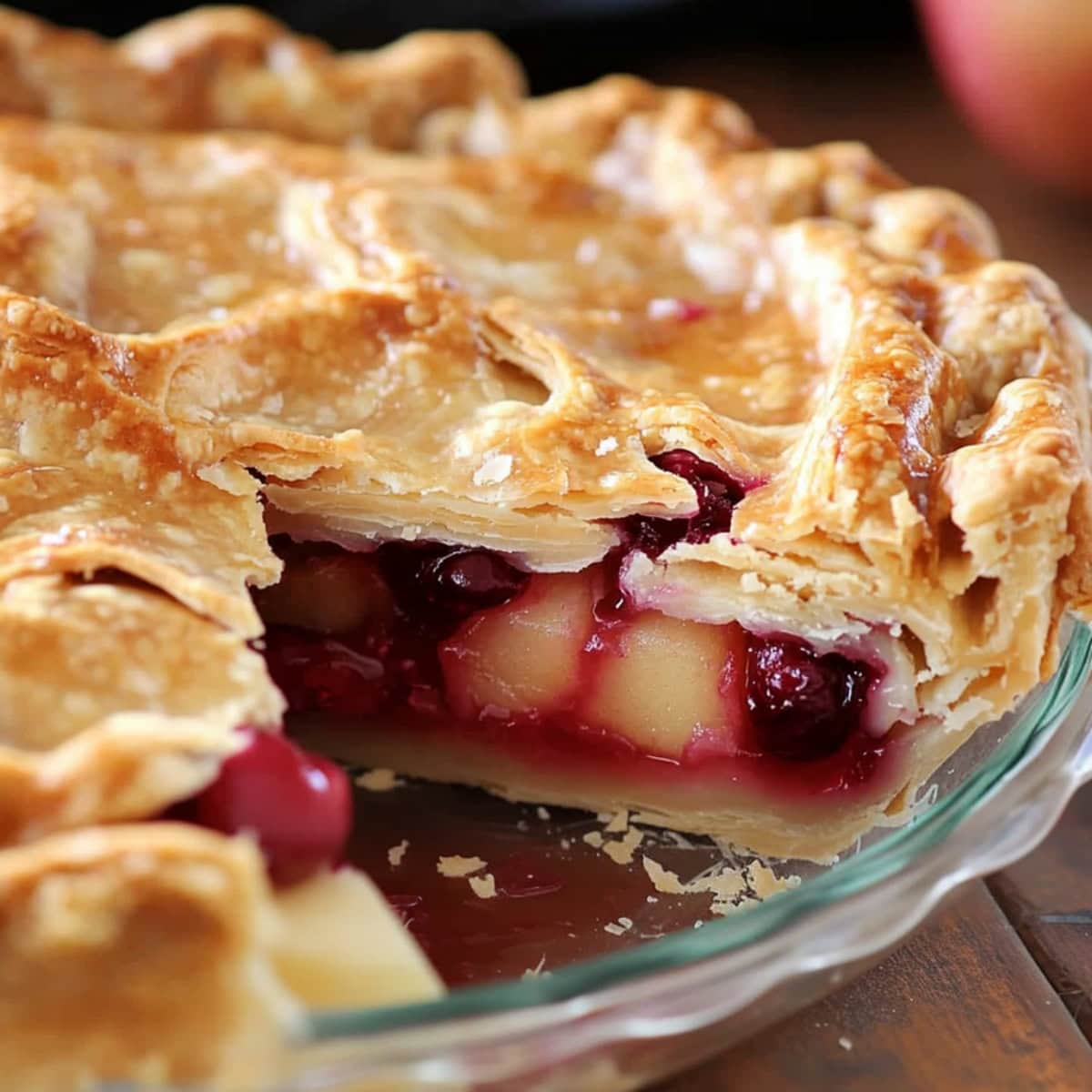 A close-up shot of apple cranberry pie in a glass dish.