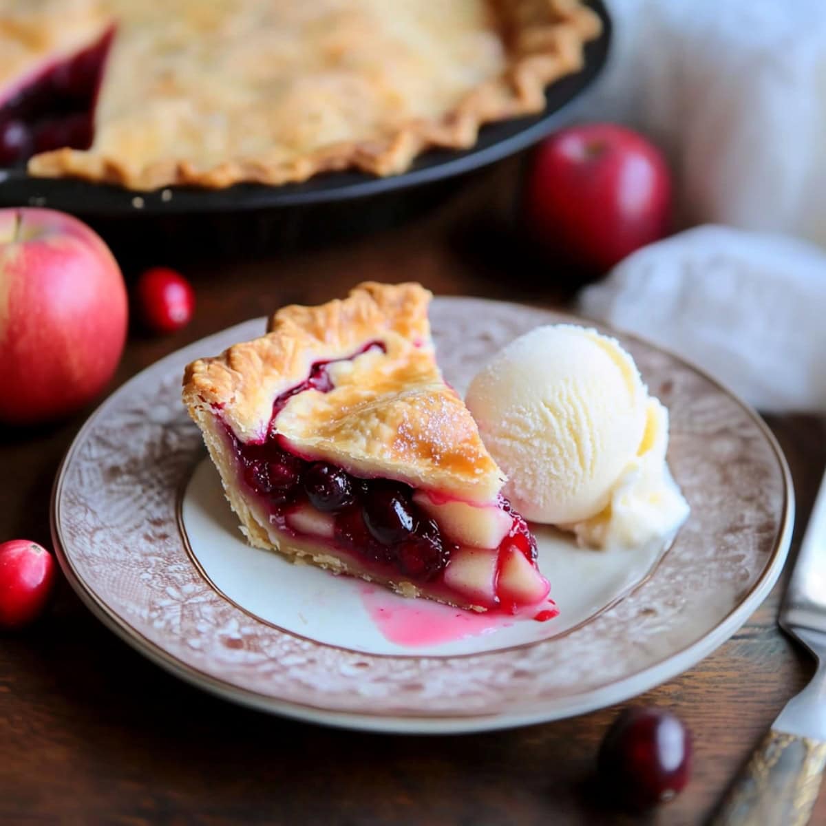 A warm apple cranberry pie with a golden crust served with a scoop of ice cream.