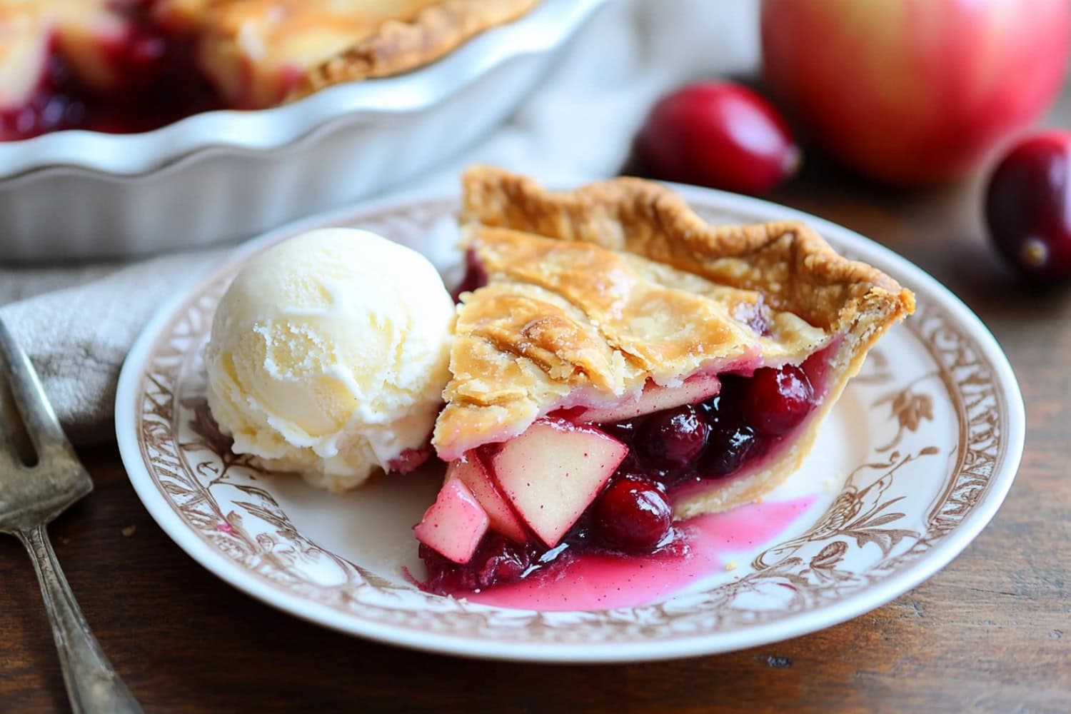 A close-up of a slice of apple cranberry pie with flaky, golden crust and a vibrant red filling of tart cranberries.