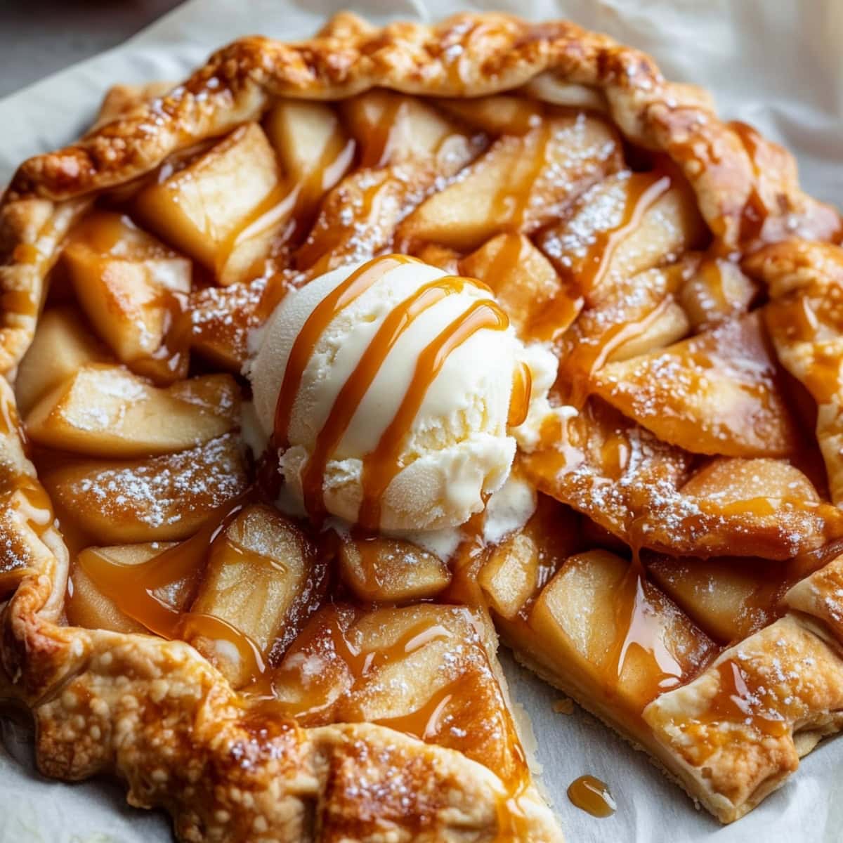 A freshly baked apple galette on a parchment-lined baking sheet, topped with ice cream and caramel, top view