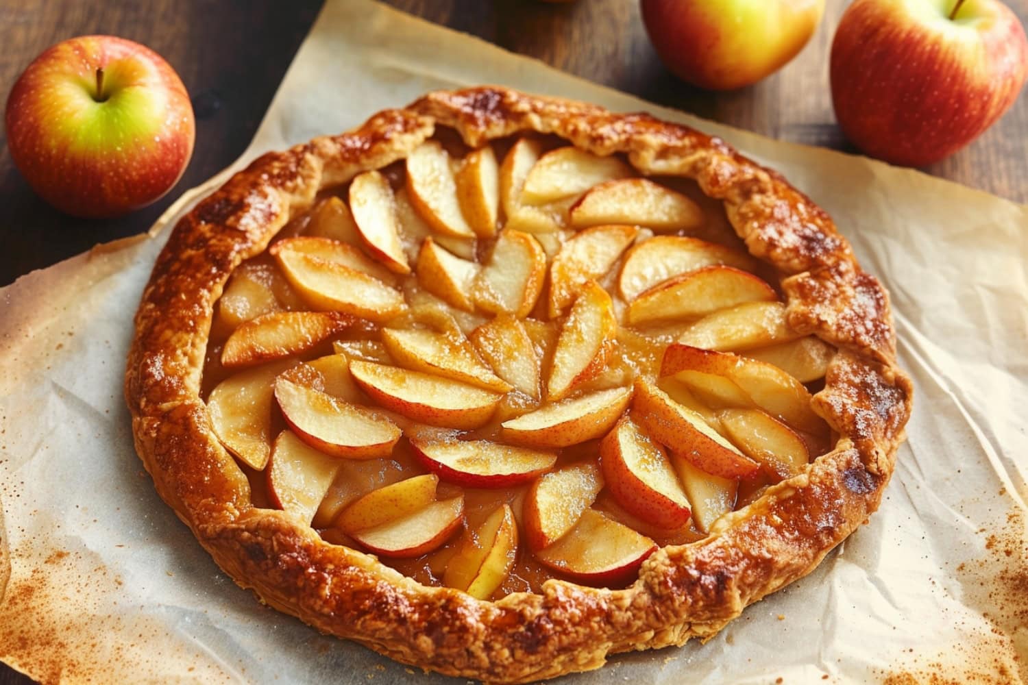 Homemade rustic apple galette on a parchment paper.