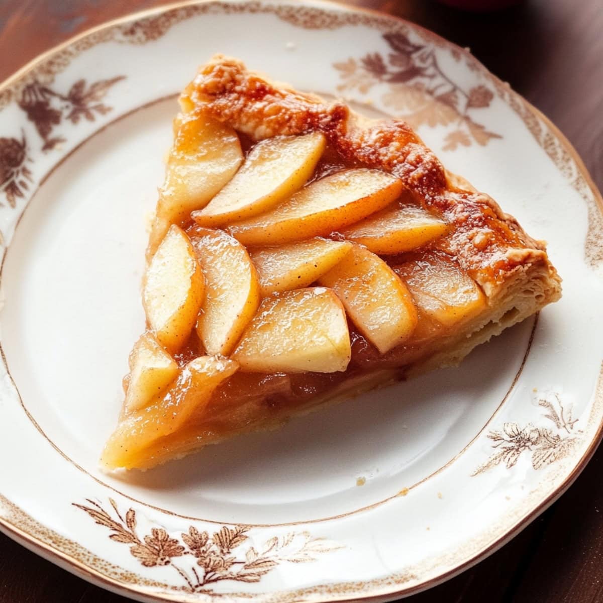 A slice of apple galette on a plate.