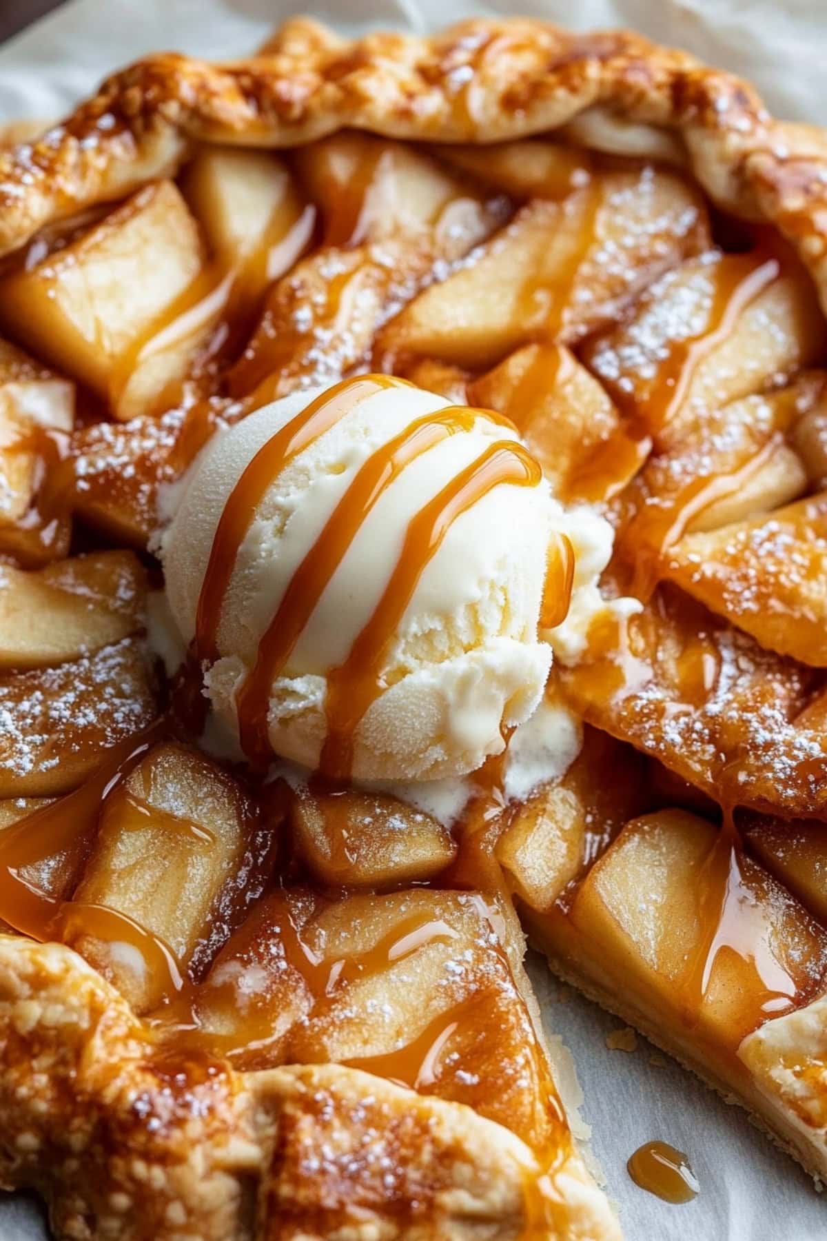 Homemade apple galette topped with ice cream and drizzled with caramel sauce, close up