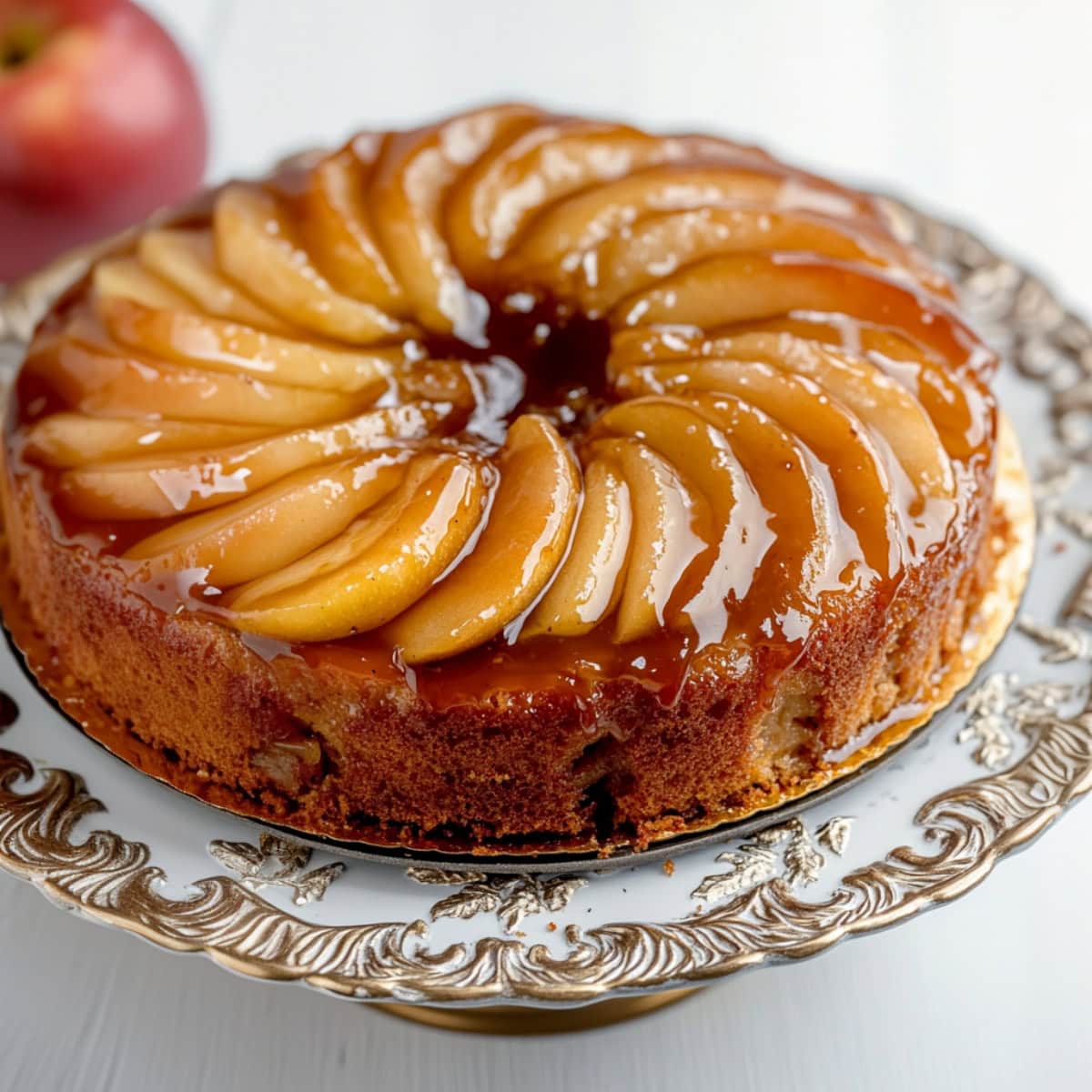 An apple upside down cake on a cake stand