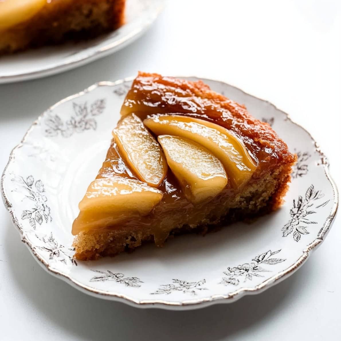 Slice of apple upside down cake on a plate