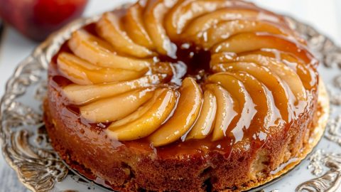 Apple upside down cake served in a cake tray.
