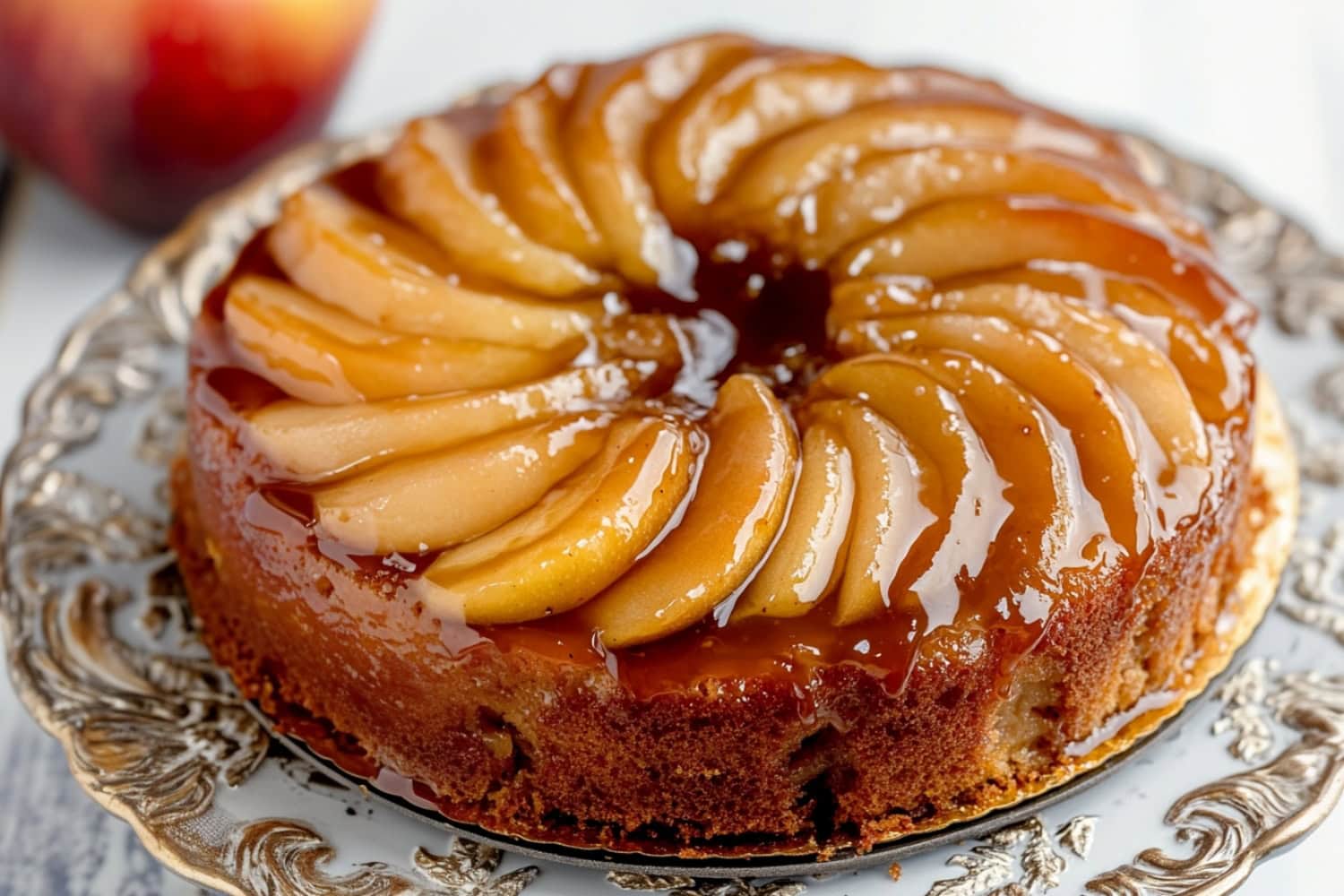 Apple upside down cake served in a cake tray.