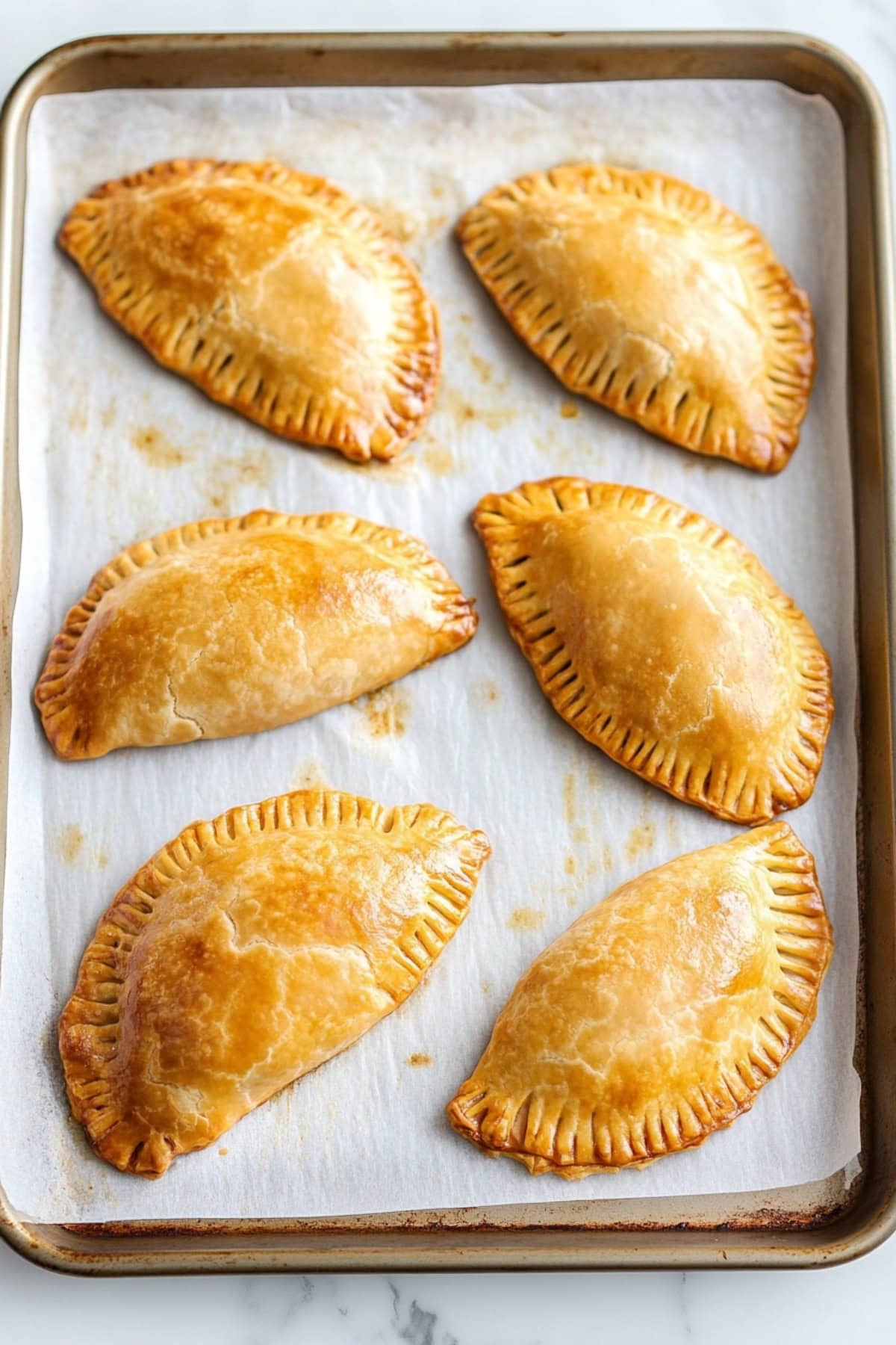 A baking sheet of savory beef emapanadas 