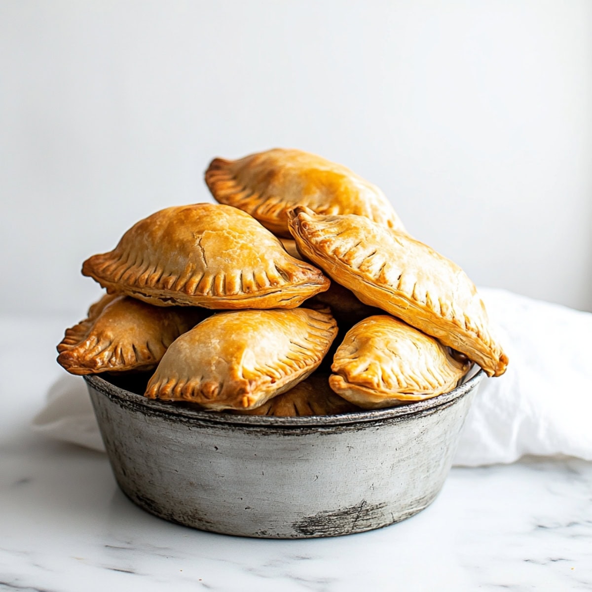 A close-up of a golden-brown beef empanadas with crispy, flaky pastry in a gray container.