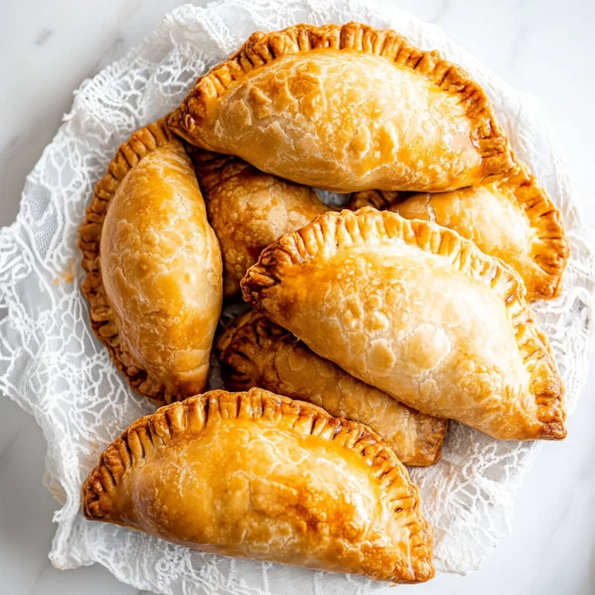 An overhead view of beef empanadas in a table cloth.