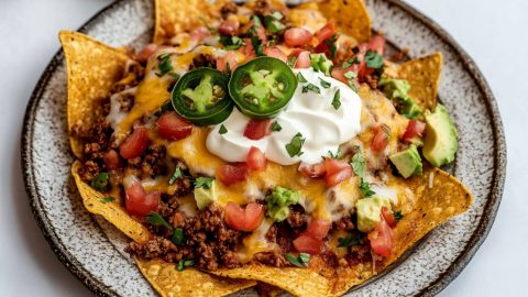 A plate of beef nachos