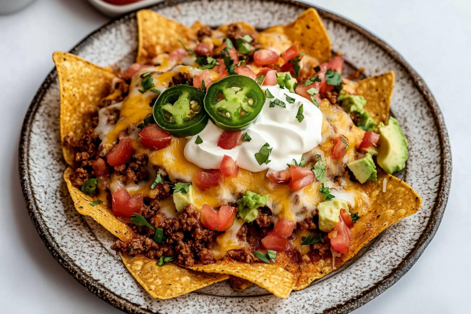 A plate of beef nachos