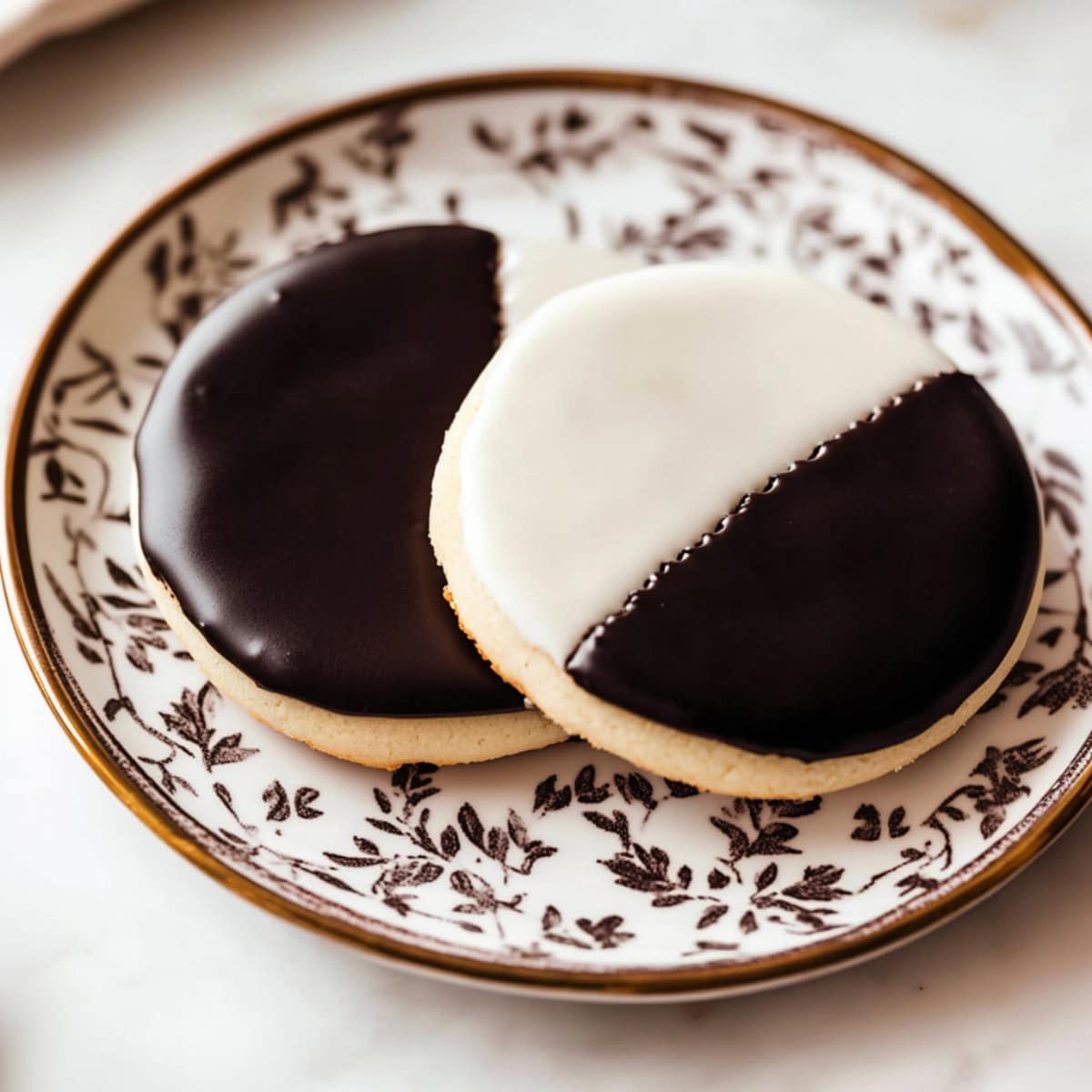 Two Bakery-style black and white cookies on a plate for serving